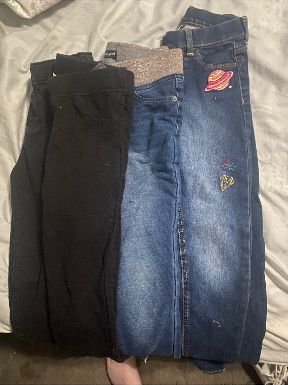 Girls Black & Blue Denim Mixed Bottoms - Stretchy Jeggings & Embroidered Jeans
